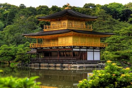日本，京都，宝塔，树木，湖泊，美景