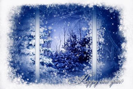 明信片，美丽，从窗口看，树木，阴沉，雪，模式