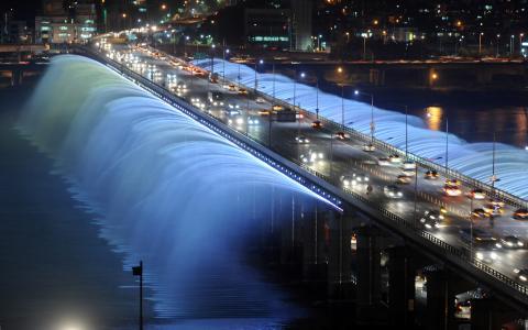 彩虹喷泉，灯光，喷泉，桥，晚上，汉城，韩国
