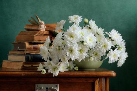 尼古拉·帕诺夫，静物，静物，桌子，书，花瓶，鲜花，菊花，雕像，netsuke