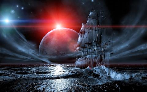 船，星球，帆船，晚上
