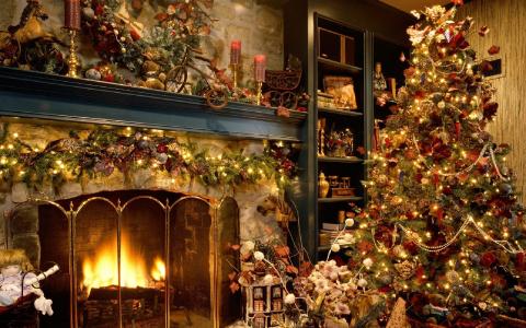 新的一年，树，房间，壁炉