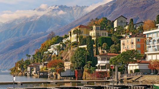 瑞士，海岸，海，建筑物，房屋，山，码头，天空，美女