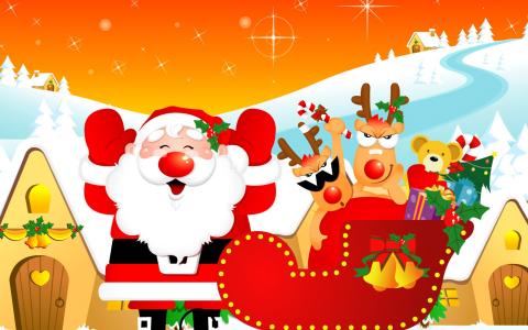 雪橇，鹿，新年，圣诞老人，房子，玩具，礼物，假期
