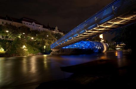 奥地利，格拉茨，桥岛，晚上，河，灯，照明，建筑，美女，桥梁