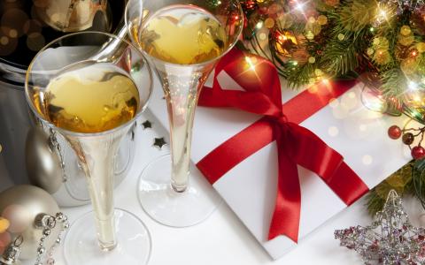 香槟，圣诞树，亮片，明星，球，礼物