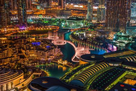 城市，迪拜，阿联酋，夜，灯光，喷泉