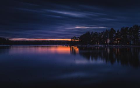芬兰，湖，日落，性质