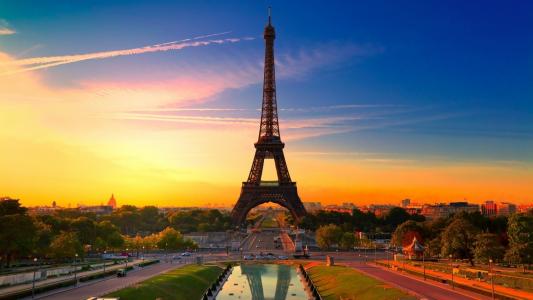 巴黎，法国，日落，塔，埃菲尔，天空