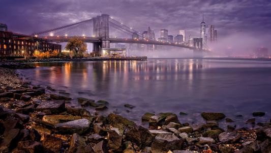 城市，夜，桥，灯，雾，河，房子，纽约，海湾，美国，曼哈顿，码头