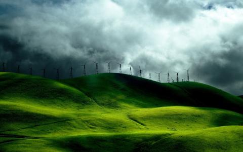 丘陵，涡轮，风，草，绿色