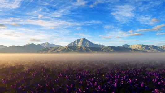 花，山，雾，天空，云，photoshop，紫罗兰
