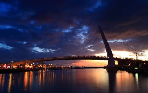 船，河，灯，人，市，桥，新的台北市，夜间