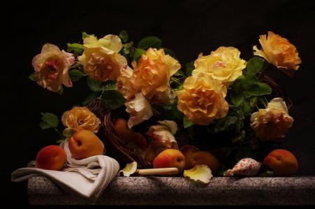谢尔盖Sogokon，静物，静物，篮子，鲜花，玫瑰，水果，杏，贝壳