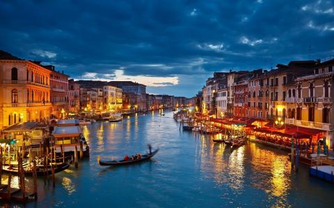 吊船，灯，云，运河，晚上，房屋，威尼斯，船