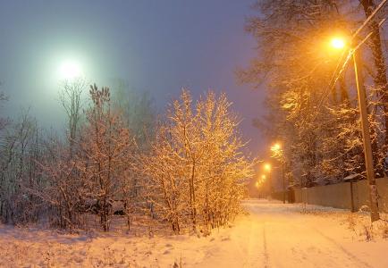 冬天，晚上，街头，雪，灯