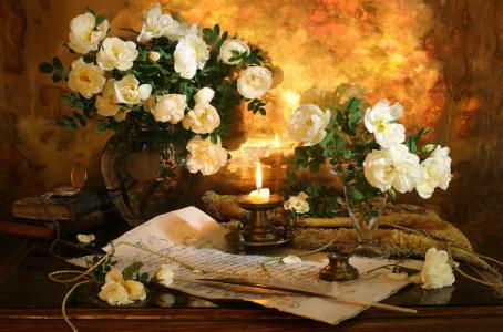 玫瑰，蜡烛，纸，羽毛，静物，安德烈莫罗佐夫