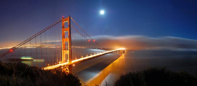 城市，美国，美国，国家，视图，地方，桥梁，晚上，月亮，月，水，海，海洋，灯，光