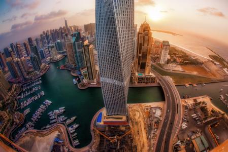 迪拜，oae，建筑，高度，日出，道路，汽车，游艇，水