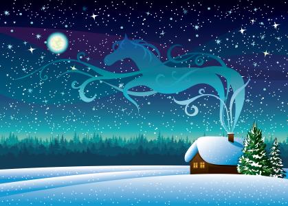 假期，新年，（圣诞节），矢量图形，天空，星星，马，夜，烟雾