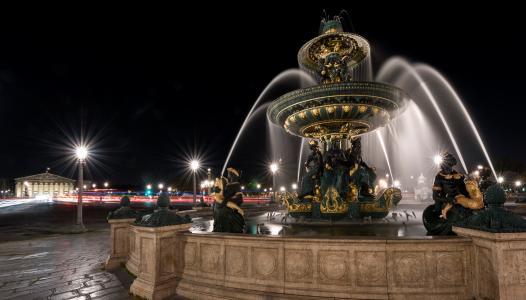 灯，协和广场，晚上，法国，巴黎，喷泉