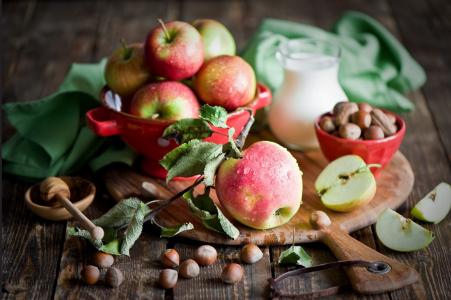 苹果，坚果，板，美容，静物，美容，构图别致，美味