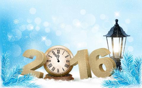 新的一年，2016年，时钟，新年快乐2016年，雪花，新年快乐2016年