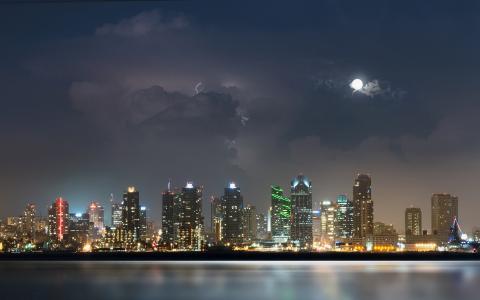 水，月亮，圣迭戈，城市，夜，河，灯，风暴，云