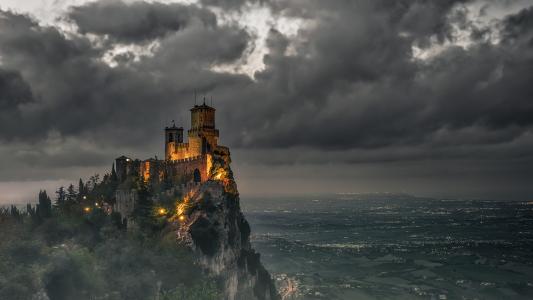 丹尼尔·罗西，城堡，雾，富士，景观，夜景，夜间摄影，夜景，圣马力诺，高清