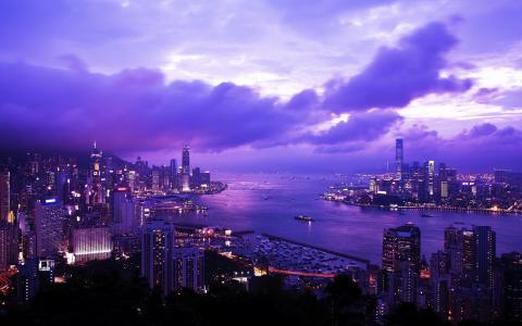 香港，中国，城市，宝马山，维多利亚港，晚上，黎明，摩天大楼