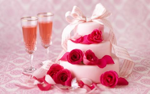 庆祝活动，眼镜，蛋糕，香槟，玫瑰，酒，蛋糕