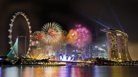 新加坡，晚上，路堤，摩天大楼，建筑物，致敬，水，天空，灯，照明，美容