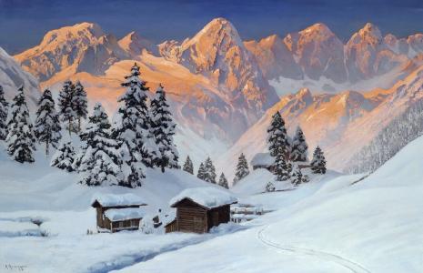 金色的光芒，山，冷杉，冬天，绘画，阿洛伊斯Arnegger