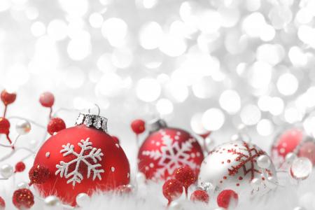 圣诞快乐，新年，雪花，红色，银，球，装饰，饰品，散景，光，圣诞快乐，新年，雪花，红色，银，球，饰品，饰品，散景，光