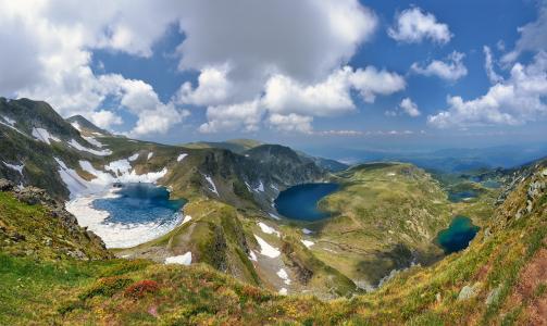 蓝天，云彩，山脉，湖泊，绿化，春天，保加利亚，Krasi Matarov