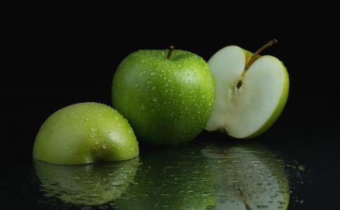 苹果，一半，水果，绿色，滴，宏