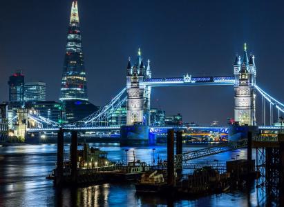 英格兰，伦敦，城市，夜，灯，照明，桥，河，建筑物，美女