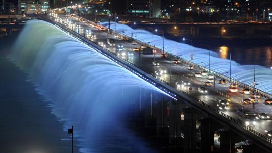 韩国，晚上，桥梁，城市，喷泉，灯，水，灯，照明，汽车，美容