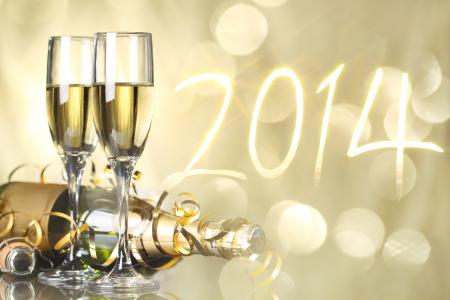 假期，新的一年，眼镜，瓶，香槟，2014年，散景，蛇纹石，数字
