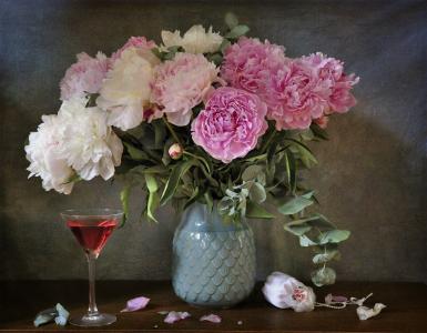 玛丽娜奥尔洛娃，花瓶，鲜花，牡丹，玻璃，饮料，香囊