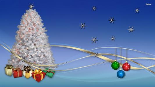 新年，圣诞树，玩具，雪花，蓝色背景