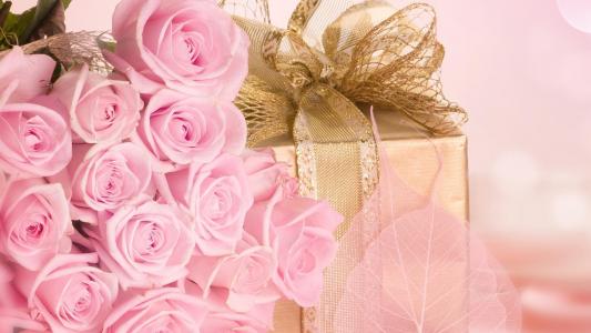 礼物，粉红玫瑰，新的一年，粉红色的背景