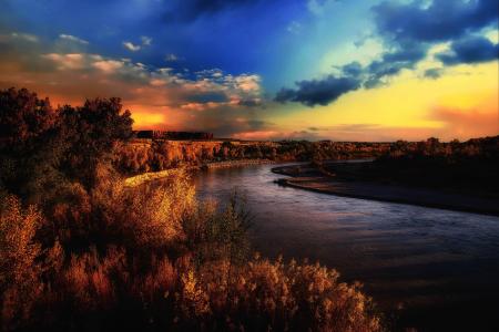 自然，圣胡安河，犹他州，日落，河，树木