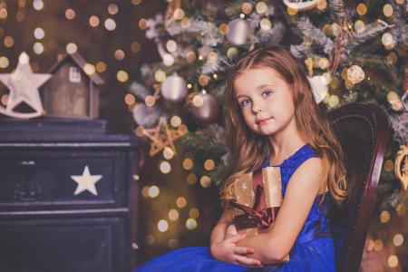 茱莉亚Voinich，女孩，孩子，礼物，毛皮树，装备，装饰，玩具，新的一年，散景