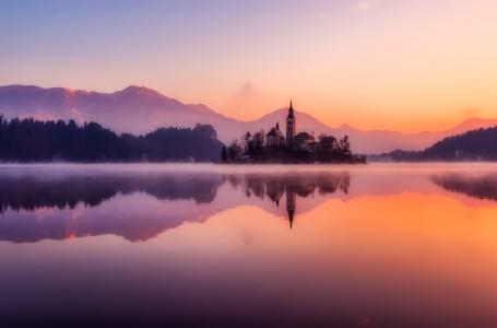 斯洛文尼亚，自然，湖泊，布莱德，早晨，阴霾