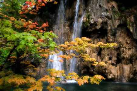 十六湖，瀑布，树木，树叶，岩石，美景