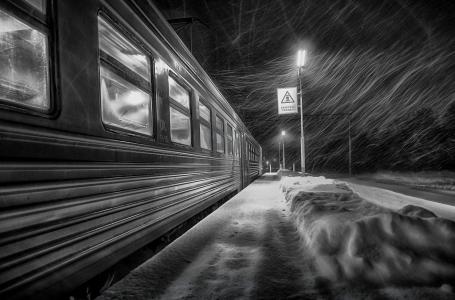 火车，平台，冬天，风