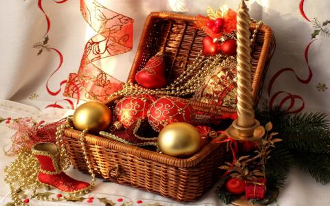 丝带，红色，球，sapozhok，珠子，圣诞树玩具