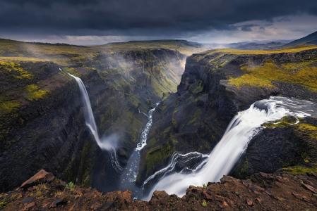 冰岛，瀑布，河，景观，峡谷，性质