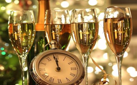 新的一年，酒，时钟，饮料